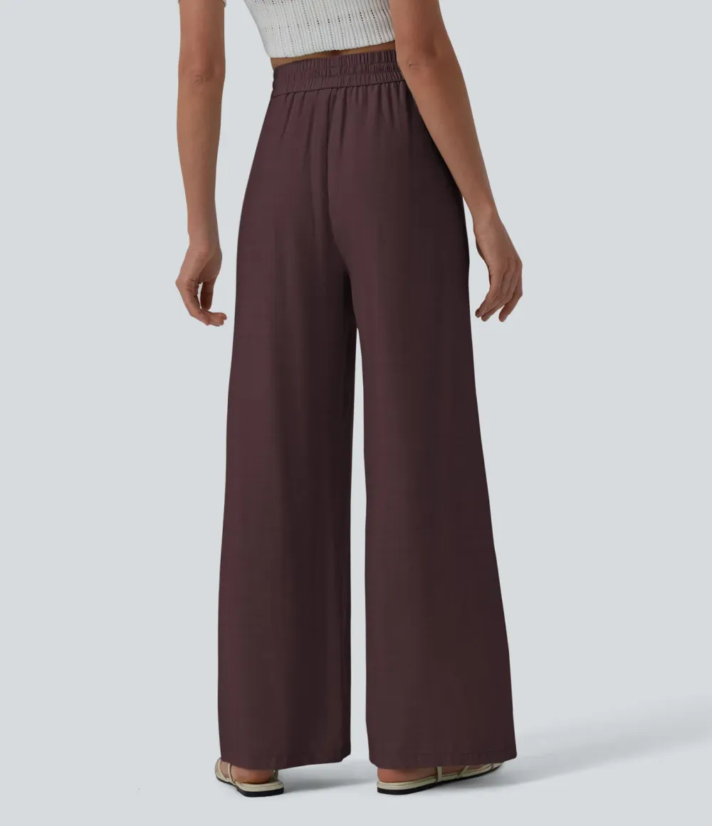 2026🔥High Waisted Drawstring Wide Leg Casual Linen-Blend Trousers with Pockets