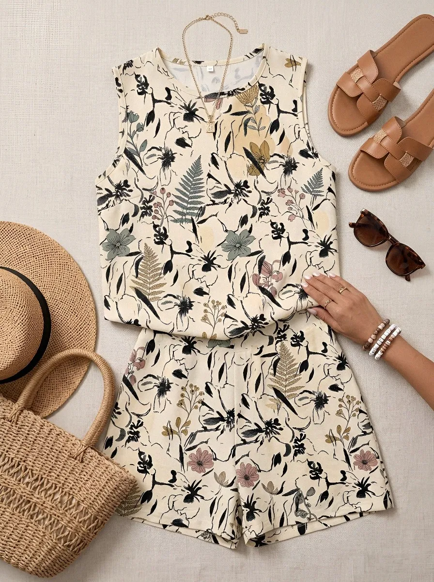 Women's Botanical Floral Fern Printed Sleeveless Short Set