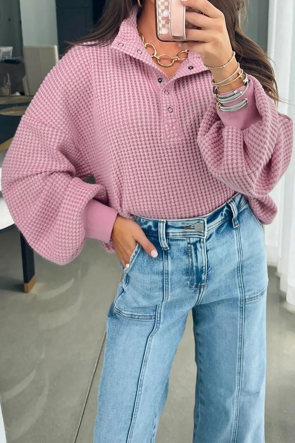Light Pink Textured Snap Button Top
