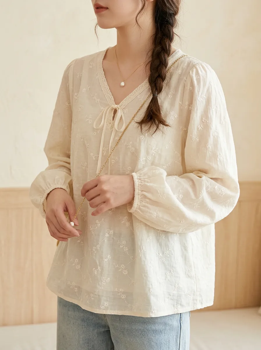 Embroidered Floral V-Neck Women's Puff-Sleeve Blouse