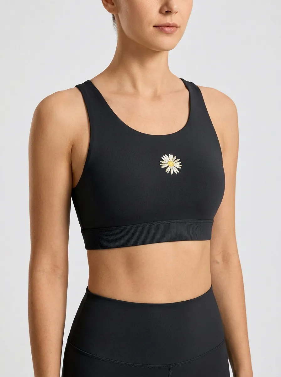 Women's Daisy-Embroidered Scoop-Neck Ribbed Left-Chest Sports Bra