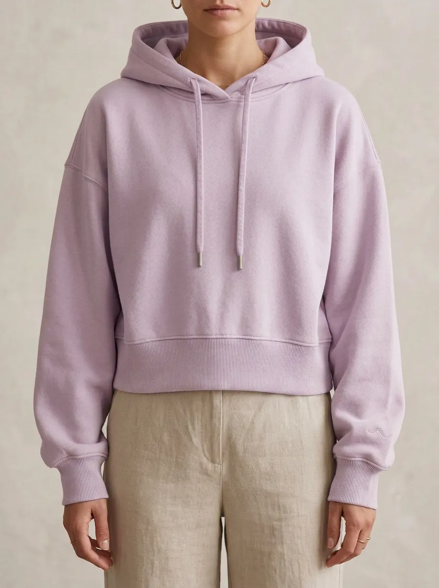 Women's Relaxed Minimalist Solid Beige Plain Cropped Hoodie