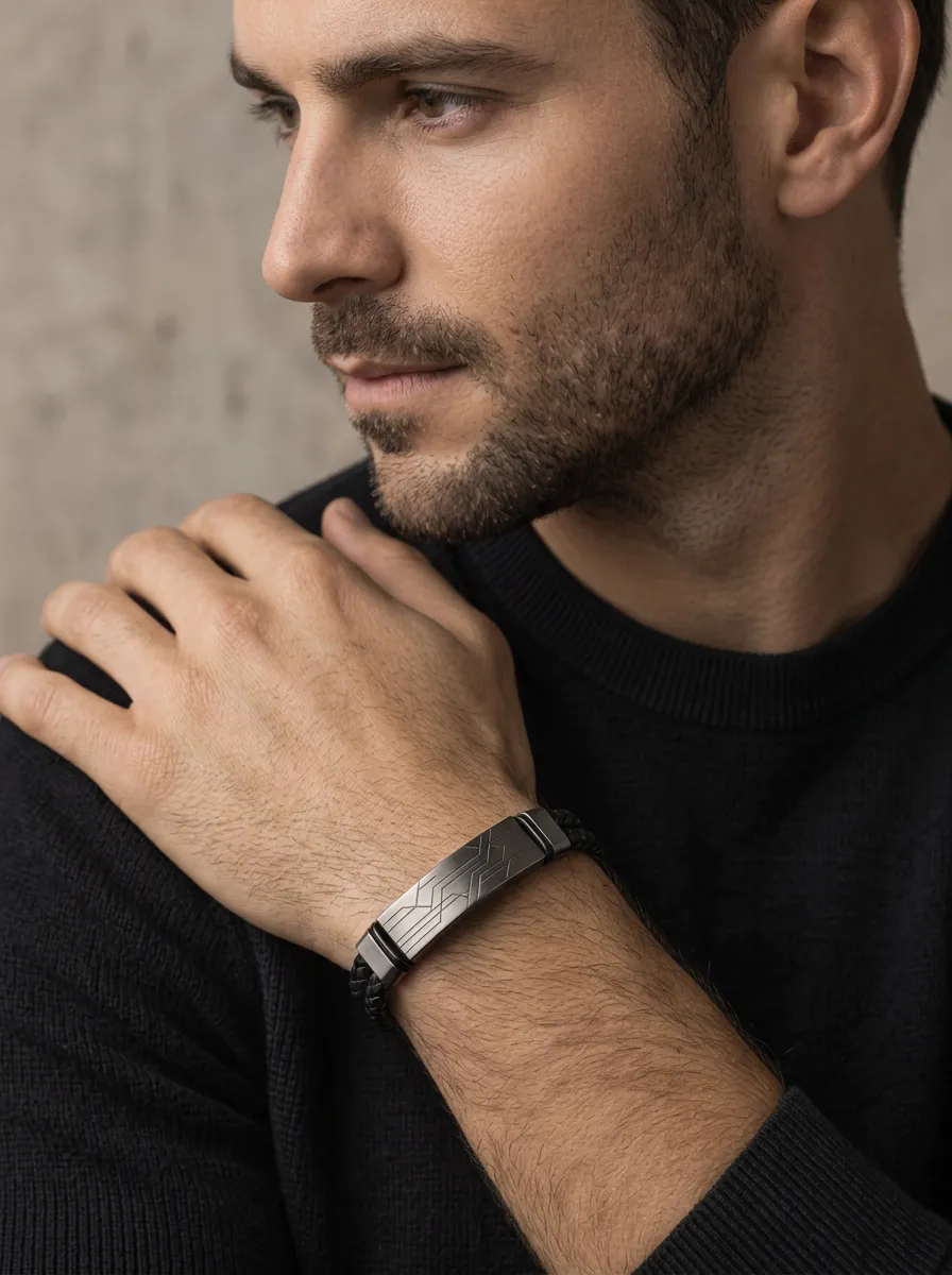 Men's Geometric Pattern Engraved Braided Leather Bracelet