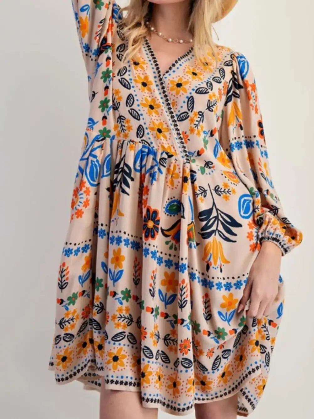 Structured Shape Floral Printed Long Sleeve Mini Dress