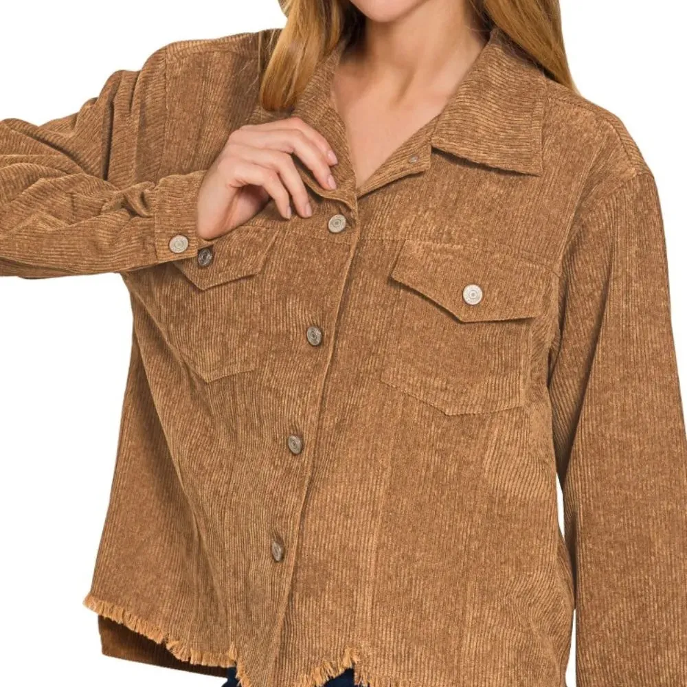Distressed Corduroy Cropped Pocket Detail Casual Jacket