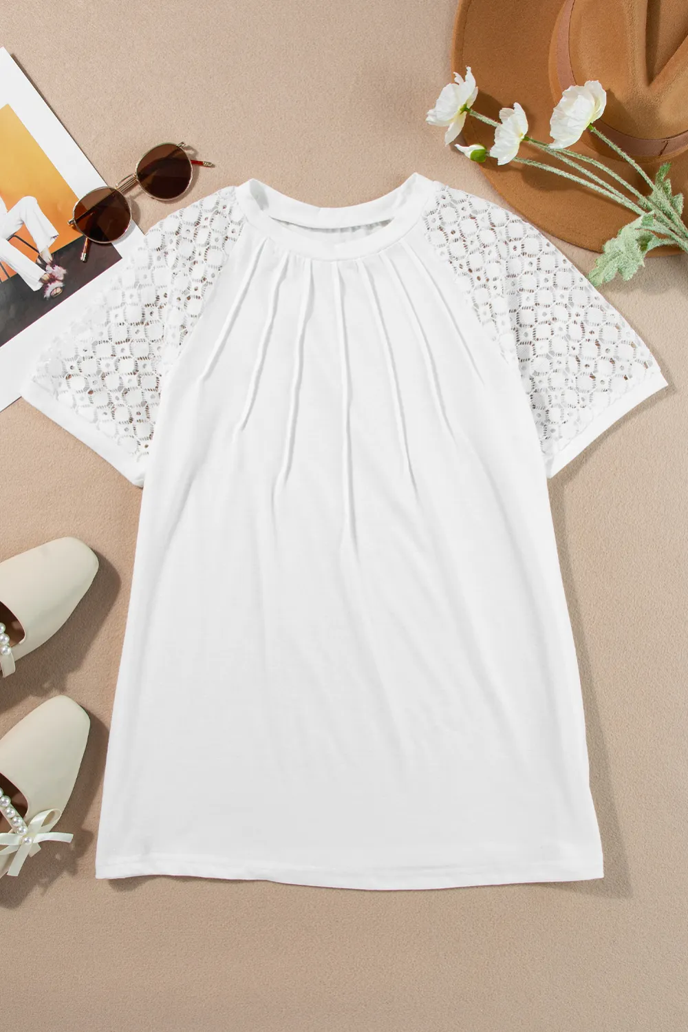 White Seamed Detail Contrast Lace Tee