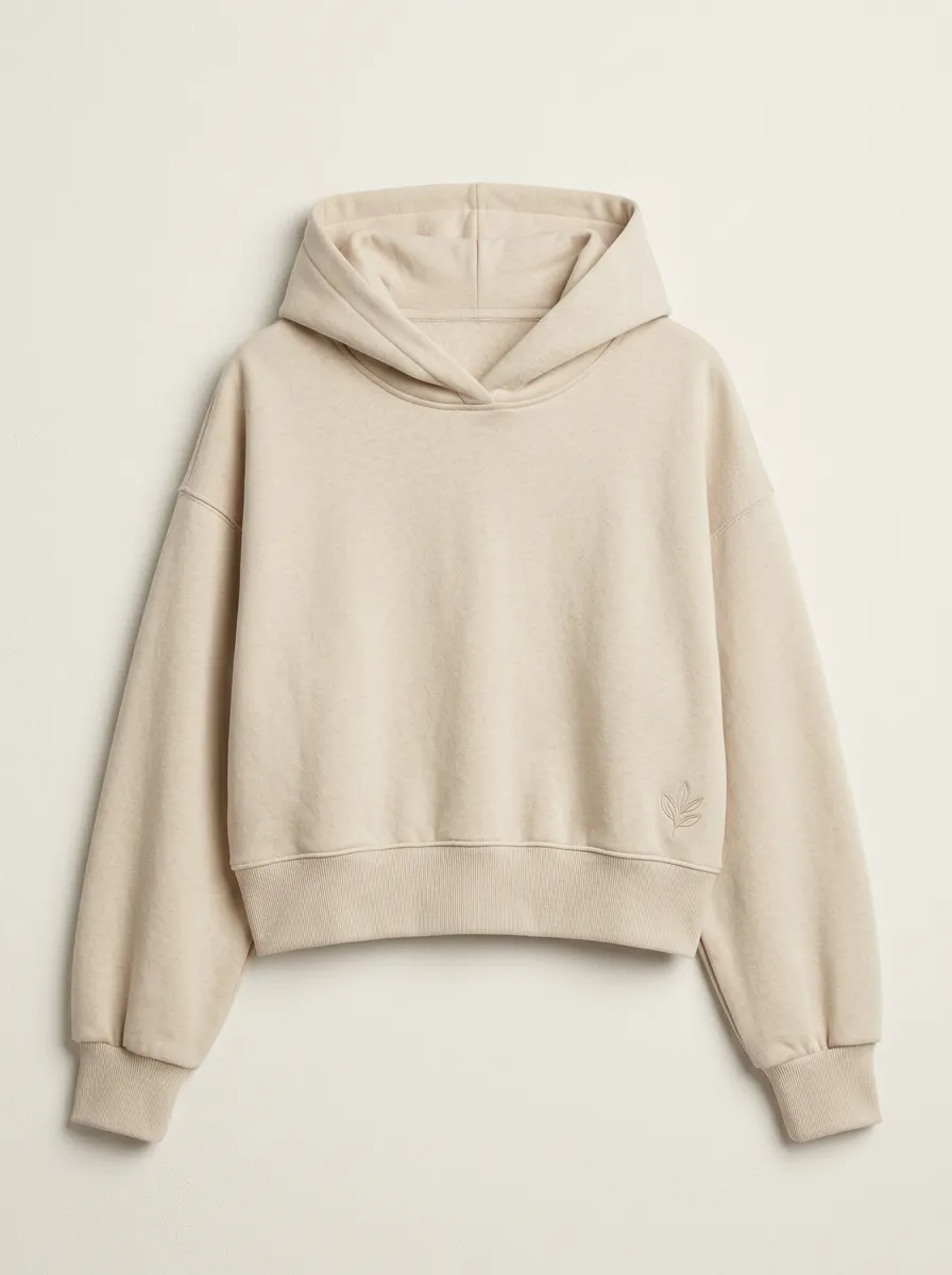Women's Casual Minimalist Beige Leaf Embroidered Cropped Hoodie