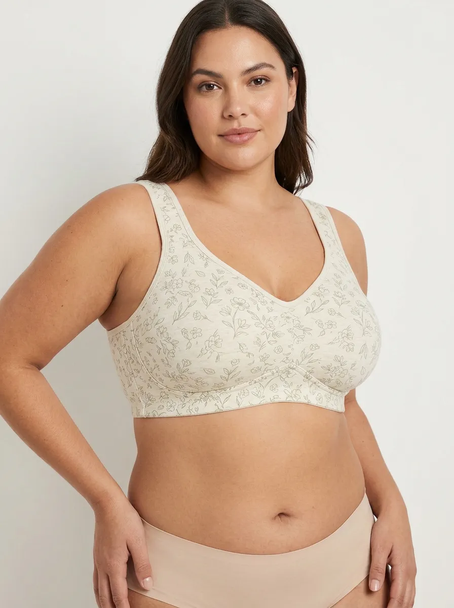 Women's Plus Size Beige Floral Outline Full-Coverage V-Neck Wireless Bralette