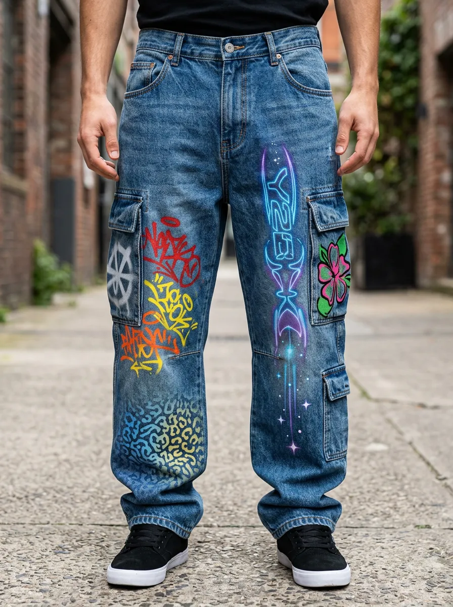 Men's Streetwear Y2K Graffiti Neon Flower Graphic Cargo Jeans