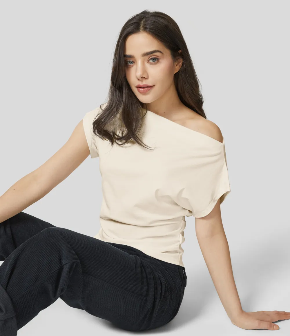 Off Shoulder Short Sleeve Ruched Casual Cotton Top