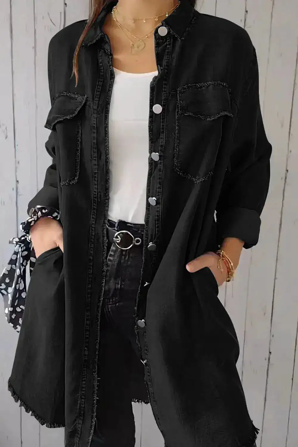 Relaxed Denim Button Front Pocketed Casual Jacket