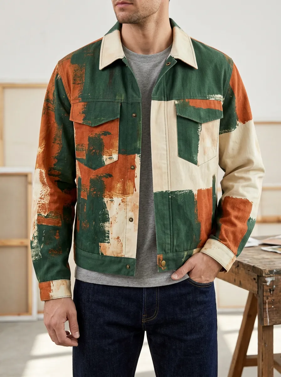 Men's Abstract Colorblock Paint Stroke Printed Jacket