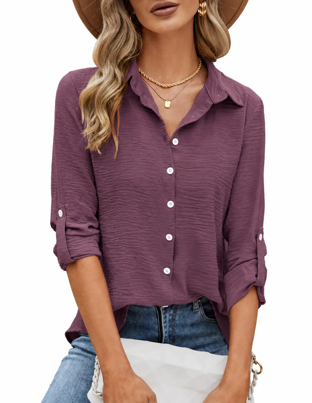 Women's Crinkled Roll-Tab Button Front Blouse