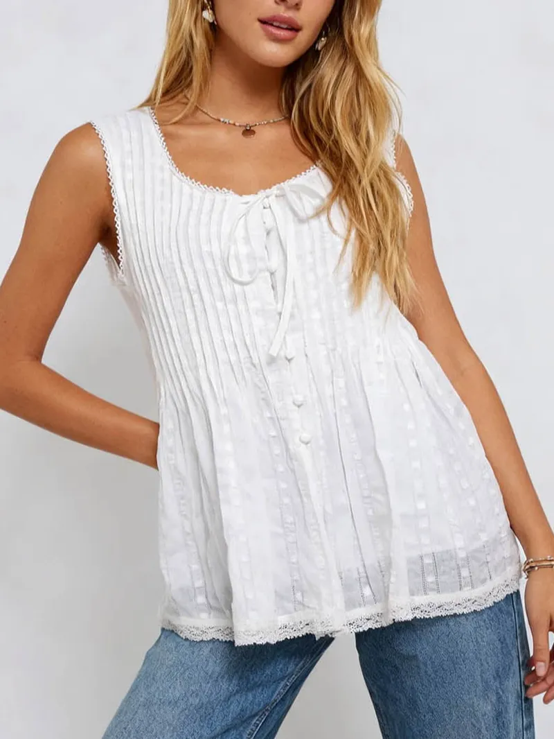 Chic Pleated Round Neck Button Front Sleeveless Top