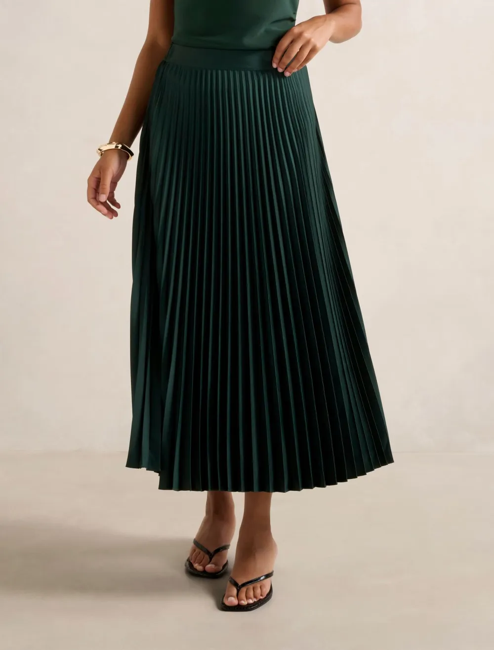 Dark Green Satin Pleated Midi Skirt