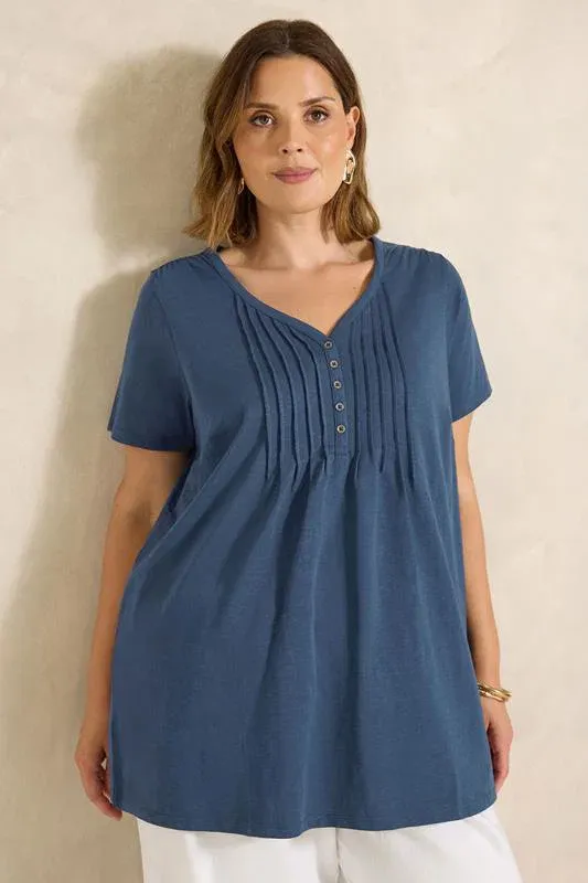 Navy Blue Short Sleeve Cotton Henley Top