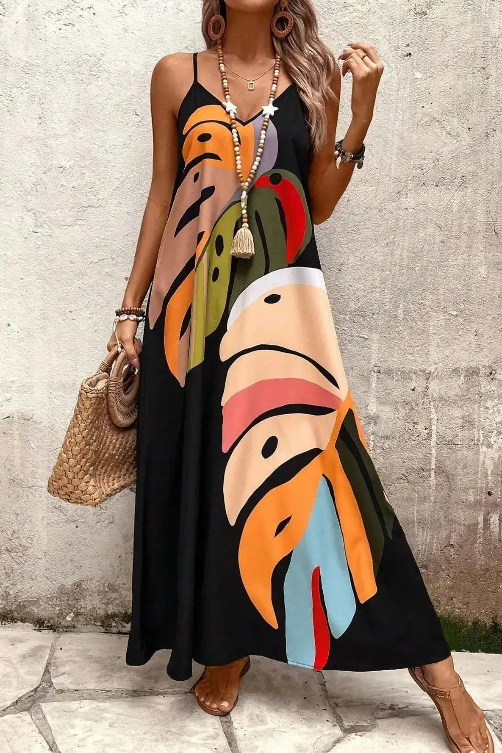Leaf Print V-Neck Maxi Cami Dress
