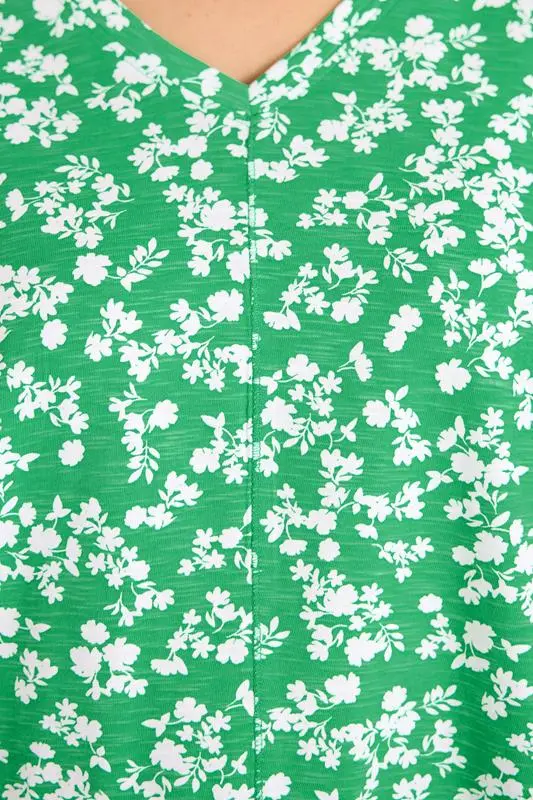 Green Floral Pleat Front Top