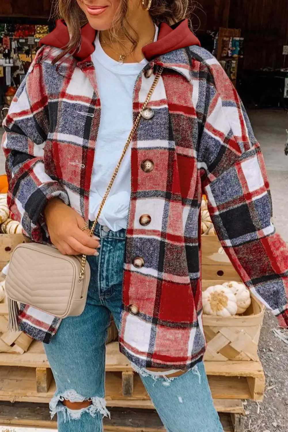 Women's Hooded Plaid Button Front Shacket