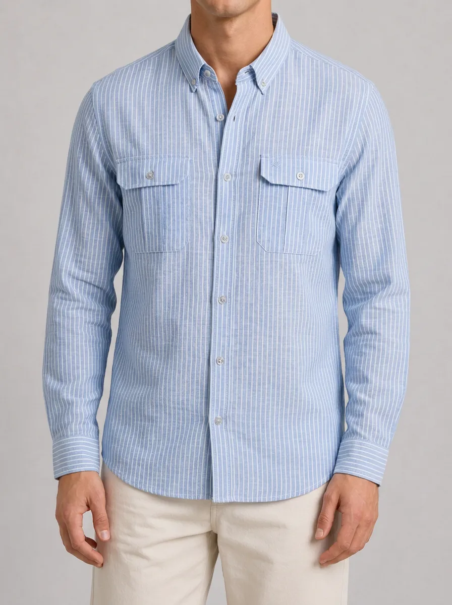 Men's Casual Style Blue White Vertical Striped Button Down Shirt