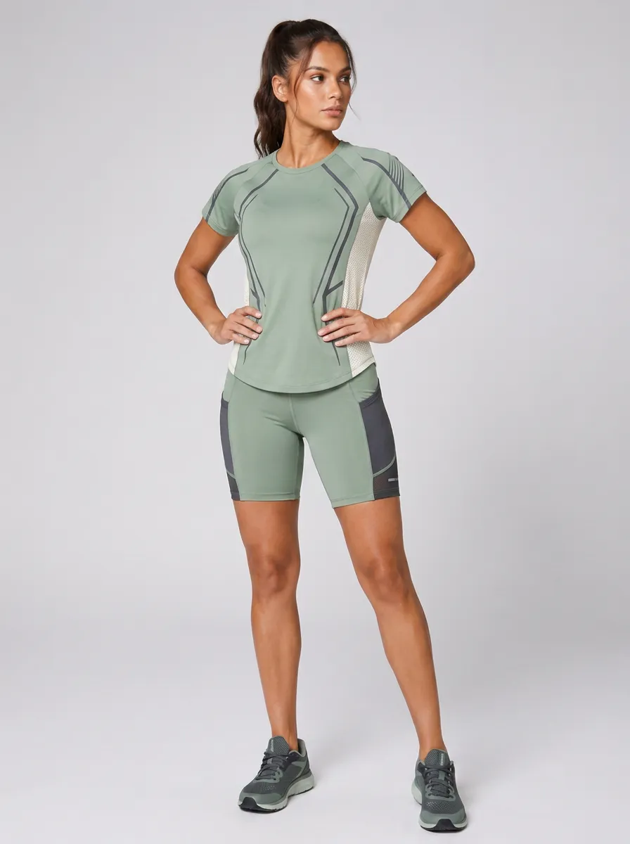 Women's Gym Fitness Sage Green Mesh Paneled Printed Workout Set