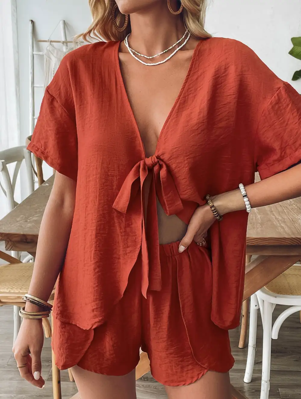 V-Neck Tie Top Set