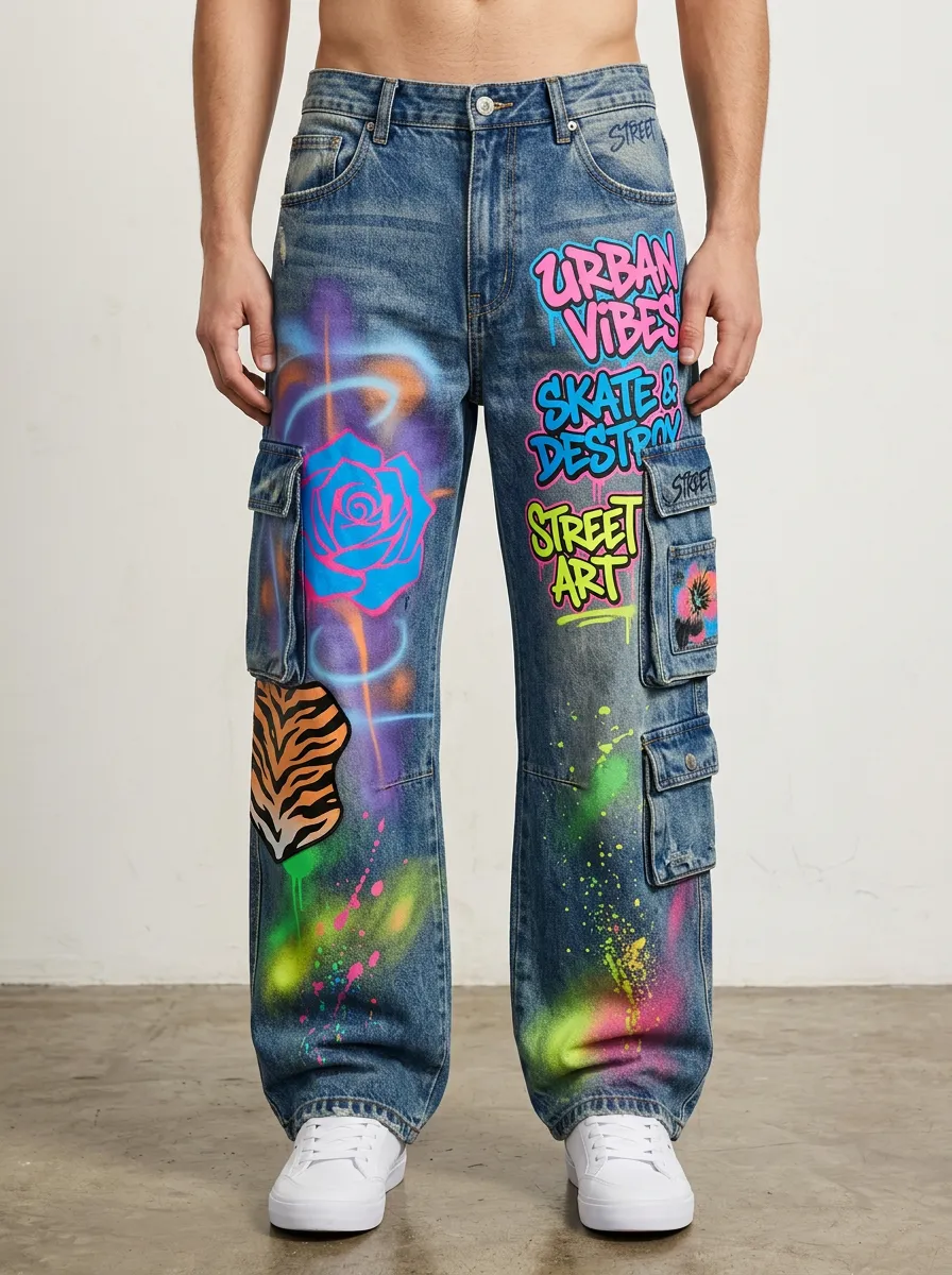Men's Streetwear Graffiti Rose Tiger Graphic Cargo Jeans