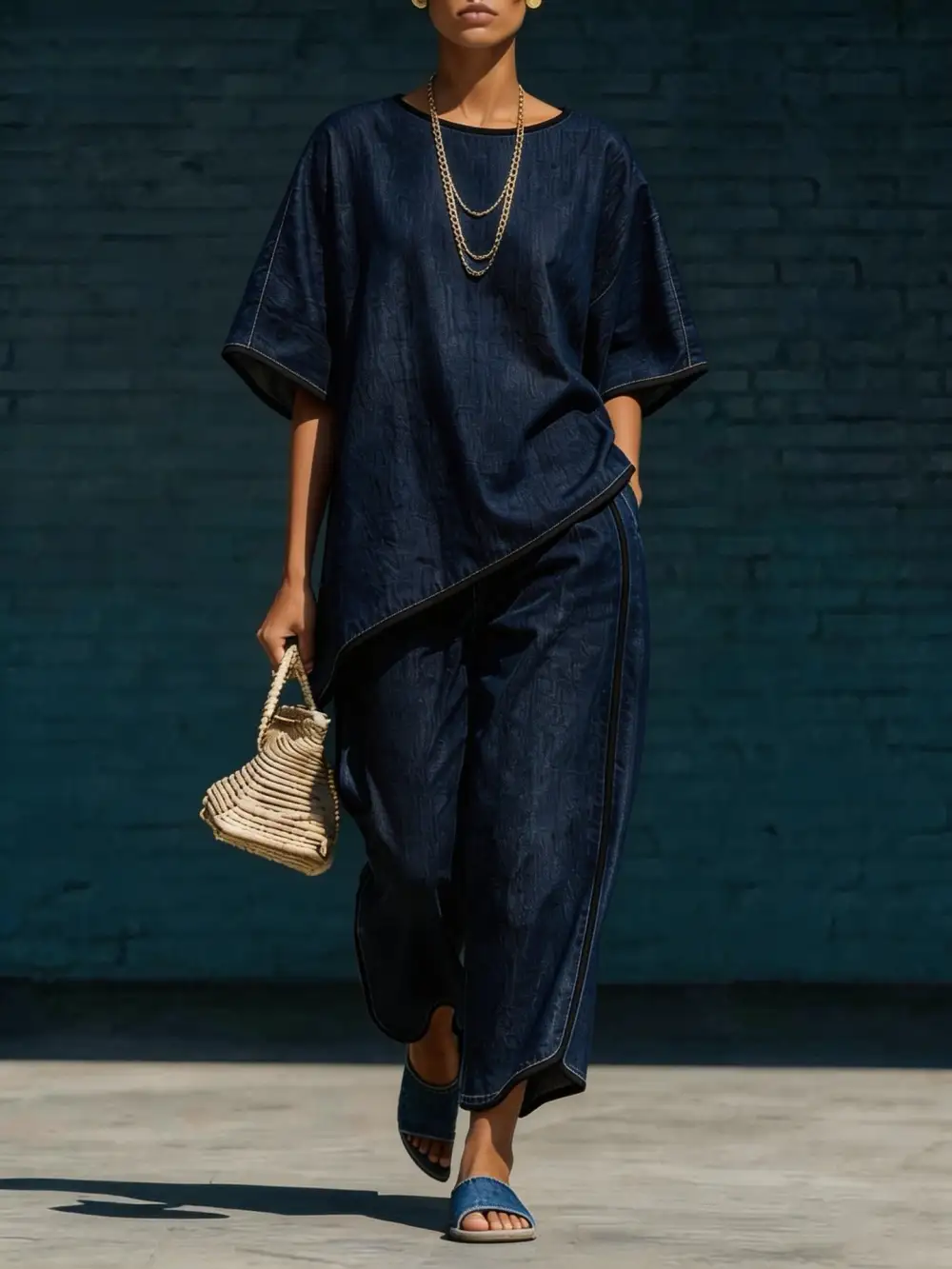 Wide-Leg Denim Knit Women's Matching Set
