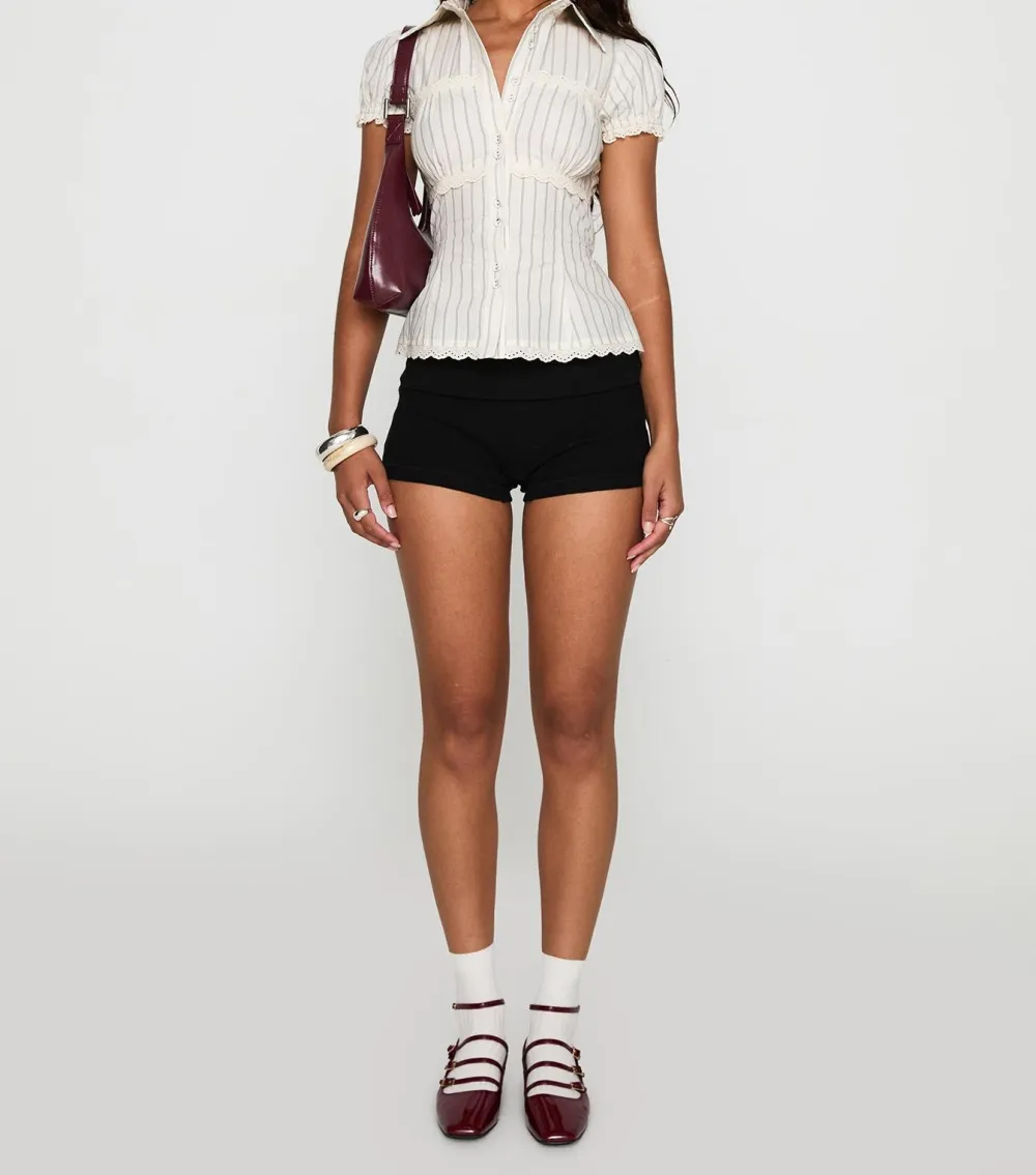 Cream Stripe Puff Sleeve Button-Front Top