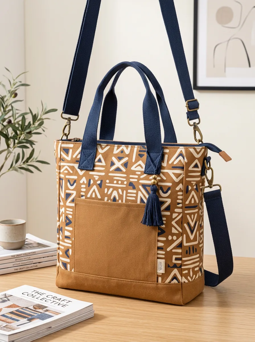 Women's Geometric Boho Zip Top Printed Canvas Shoulder Tote Bag