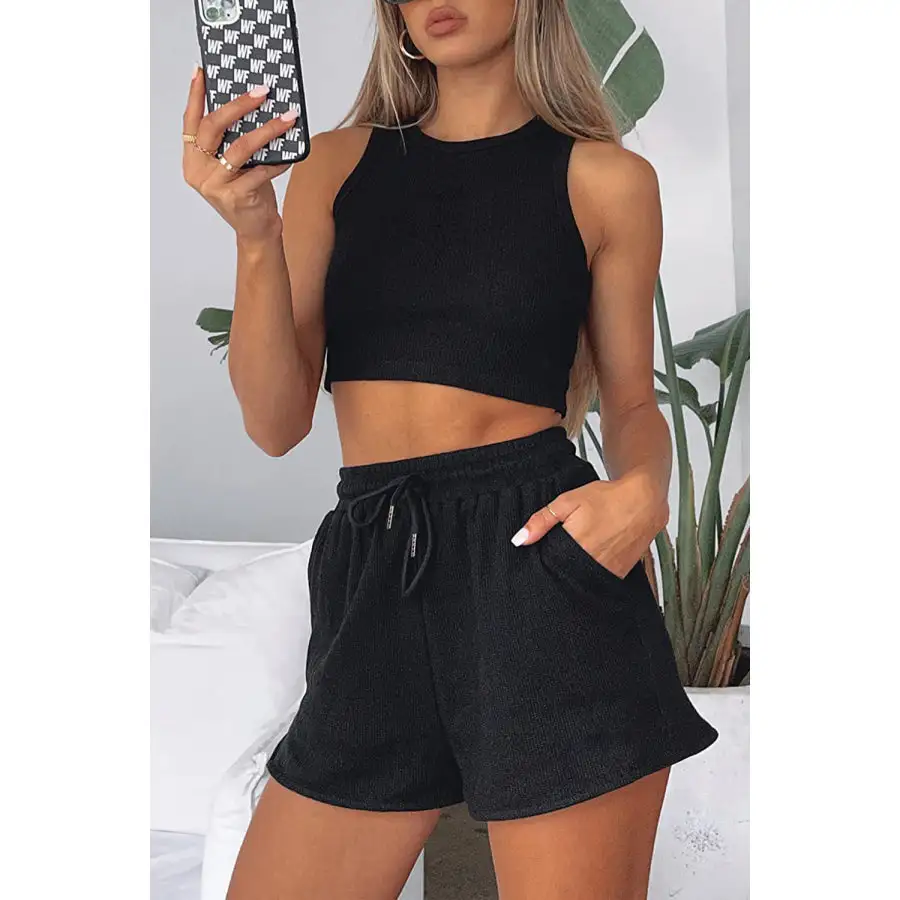 Relaxed Round Neck Top and Drawstring Shorts Set