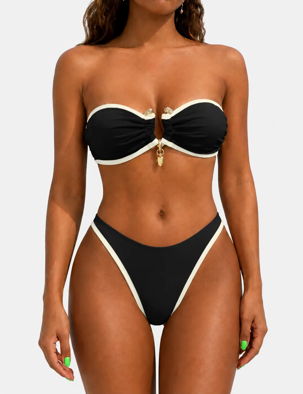 Contrast Trim Metal Ring Bandeau Two Piece Bikini Set