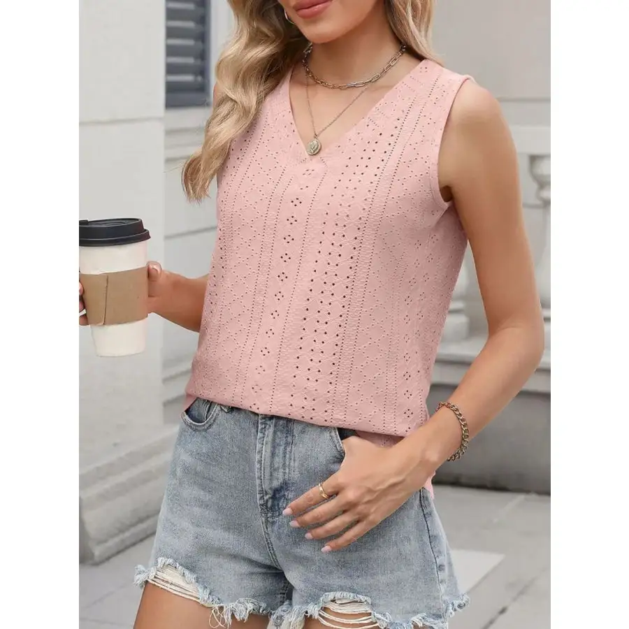 V Neck Eyelet Knit Camisole Tank Top