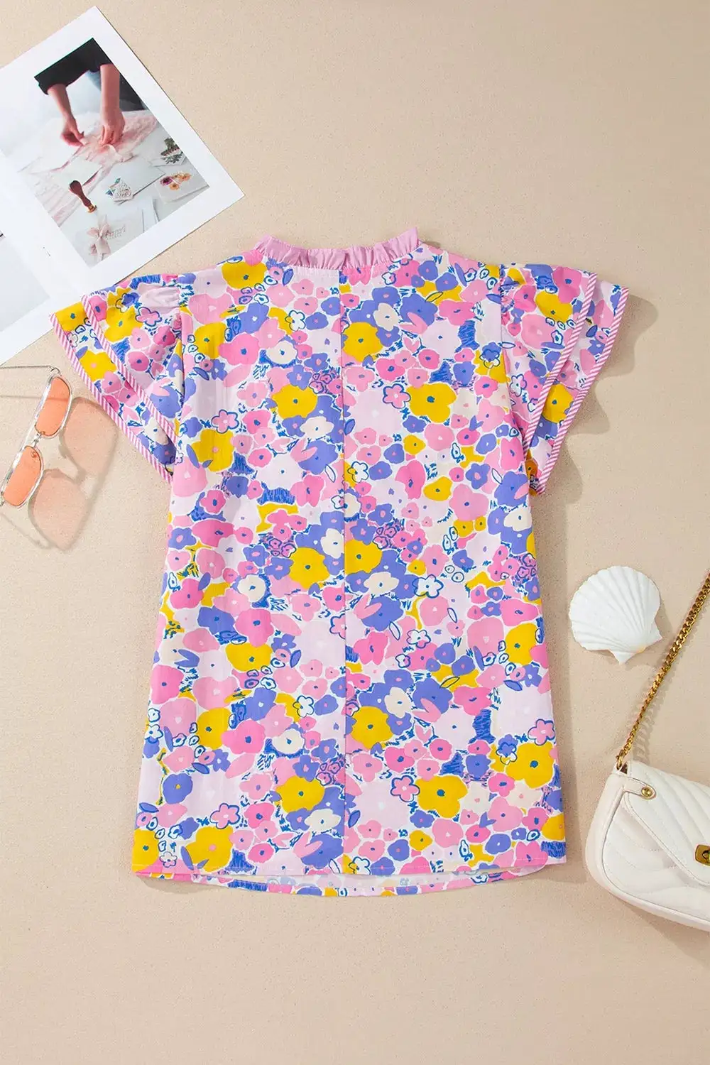 Floral Print Striped Color Block Patchwork V-Neck Flutter Sleeve Blouse