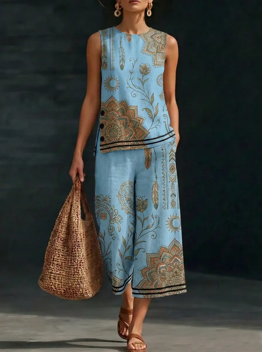 Women's Boho Mandala Feather Printed Sleeveless Set