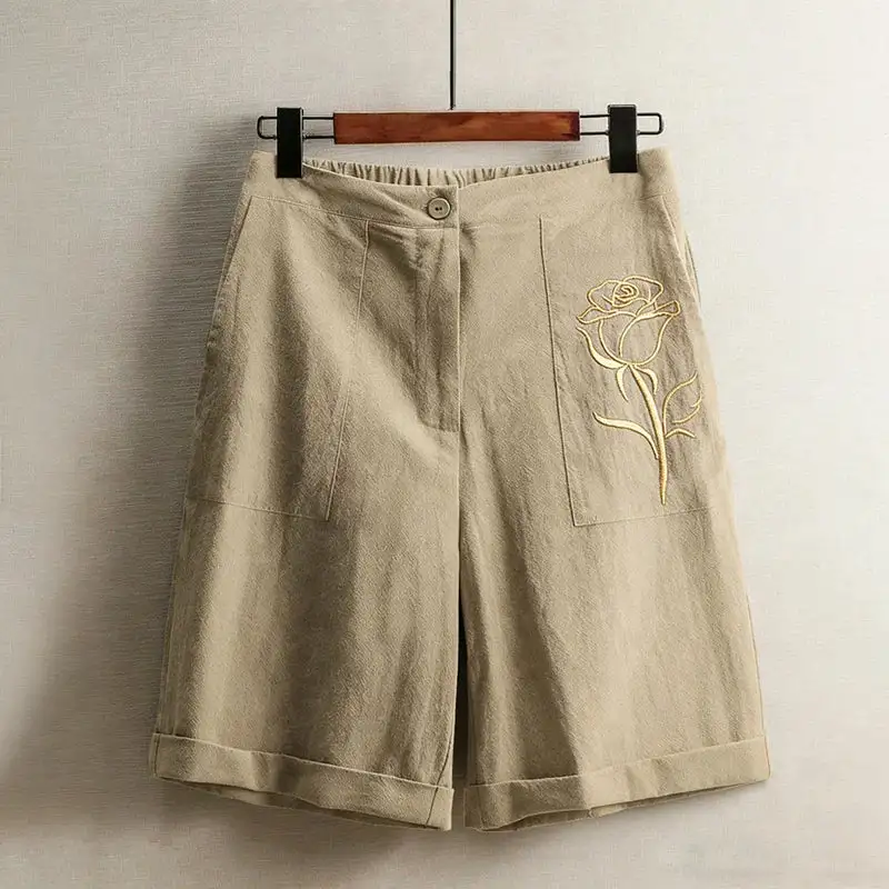 Women's Relaxed Fit Linen Floral Detail Shorts