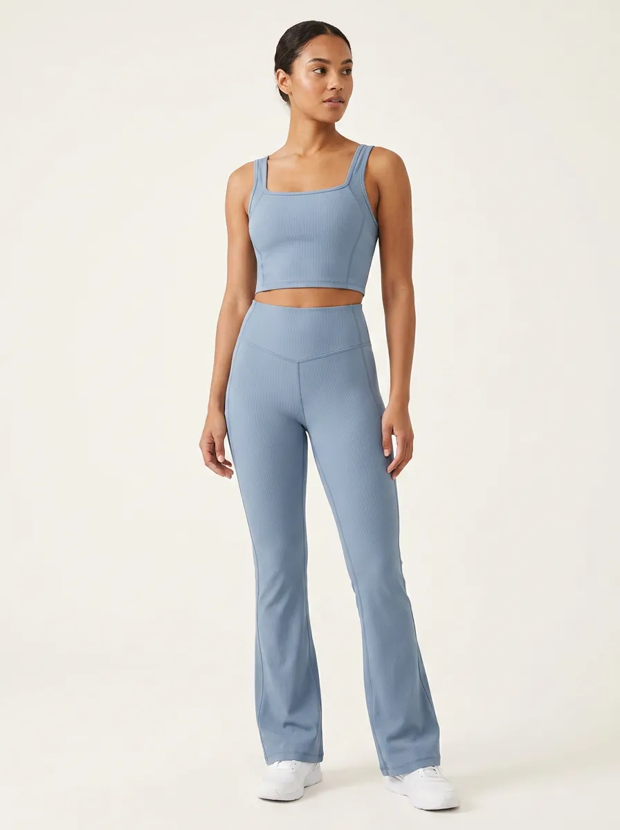 Women's Dusty Blue Ribbed Square Neck Crop Top and Flare Legging Set