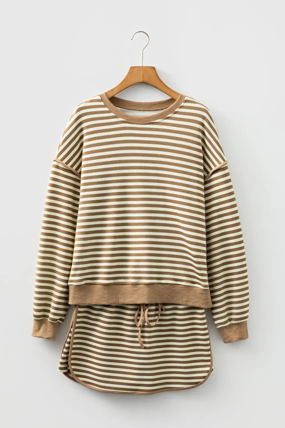Lightweight Feel Striped Drawstring Drop Shoulder Skirt Set