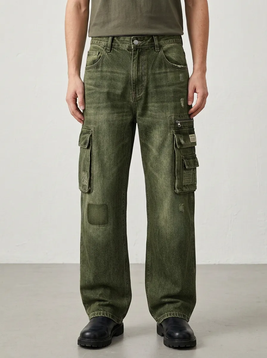 Men's Distressed Patchwork Multi-Pocket Denim Cargo Jeans
