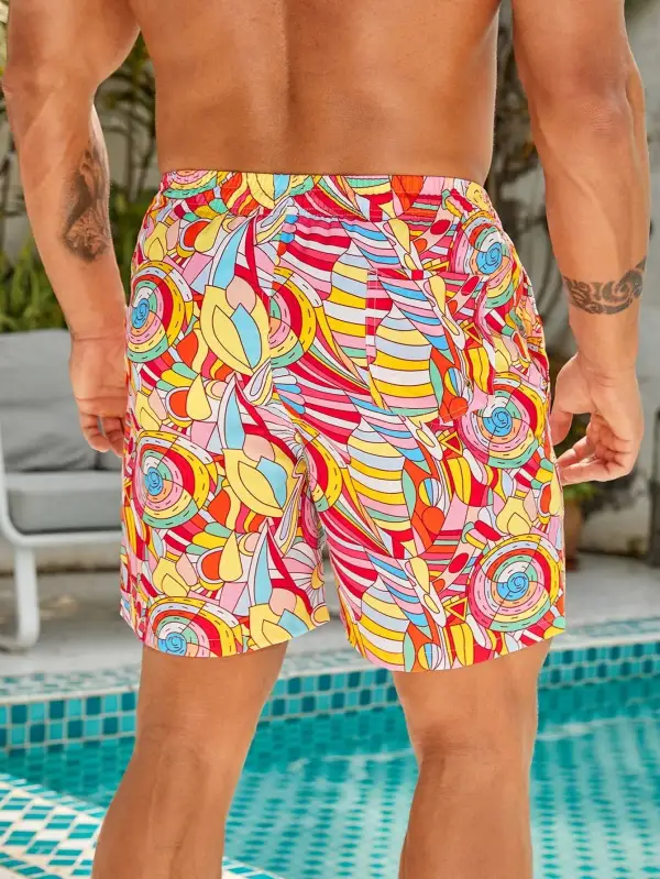 Men's Pocket Allover Print Drawstring Beach Shorts