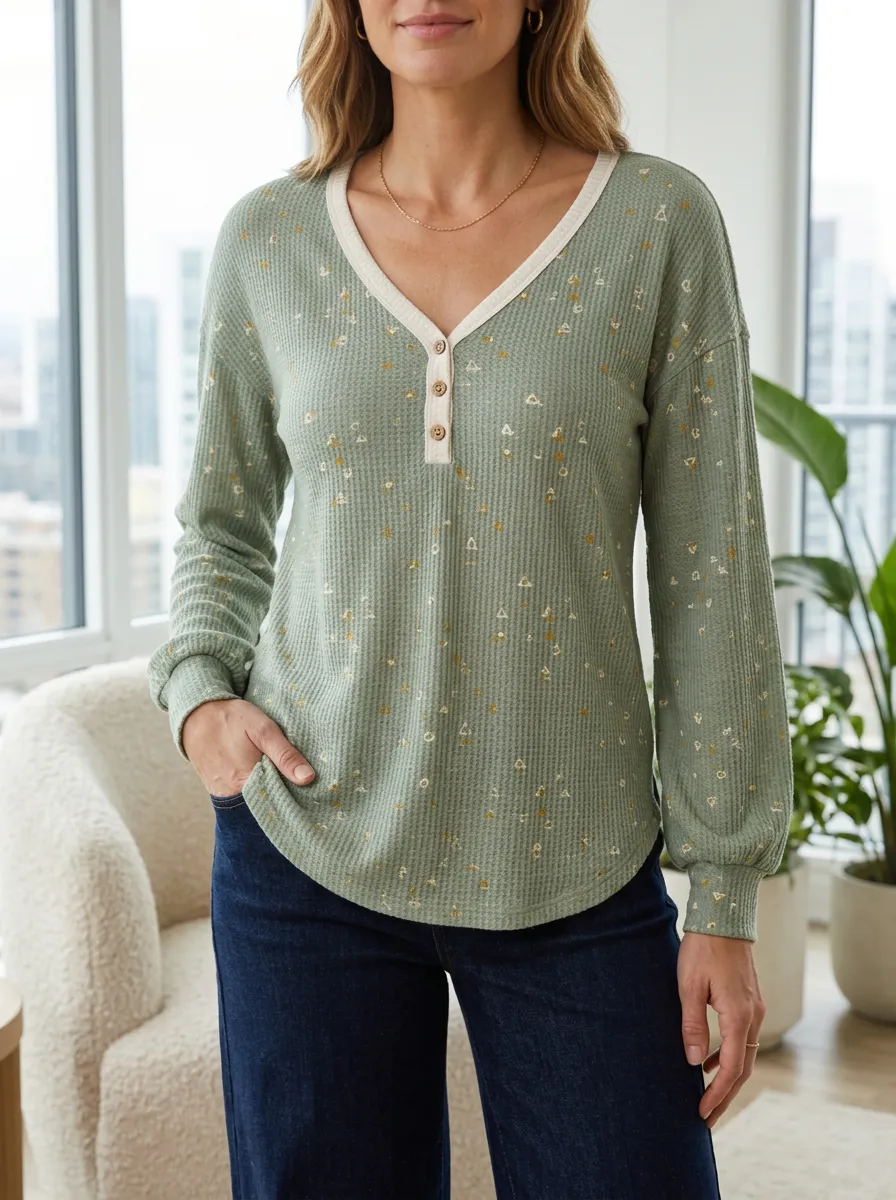 Women's Geometric Pattern Sage Green Waffle Knit Printed Henley Shirt