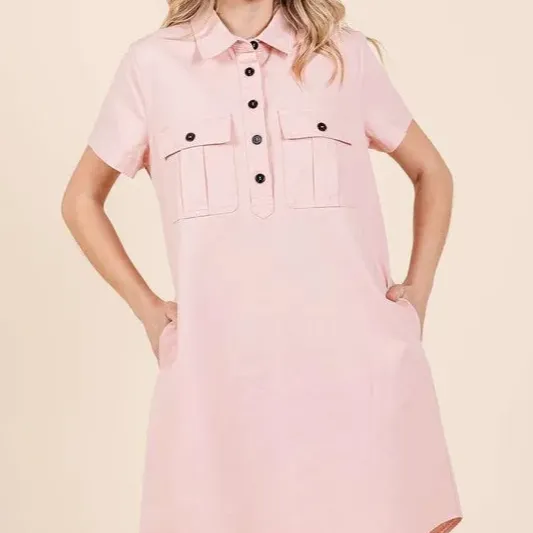 Button Detail Collared Neck Short Sleeve Shirt Dress