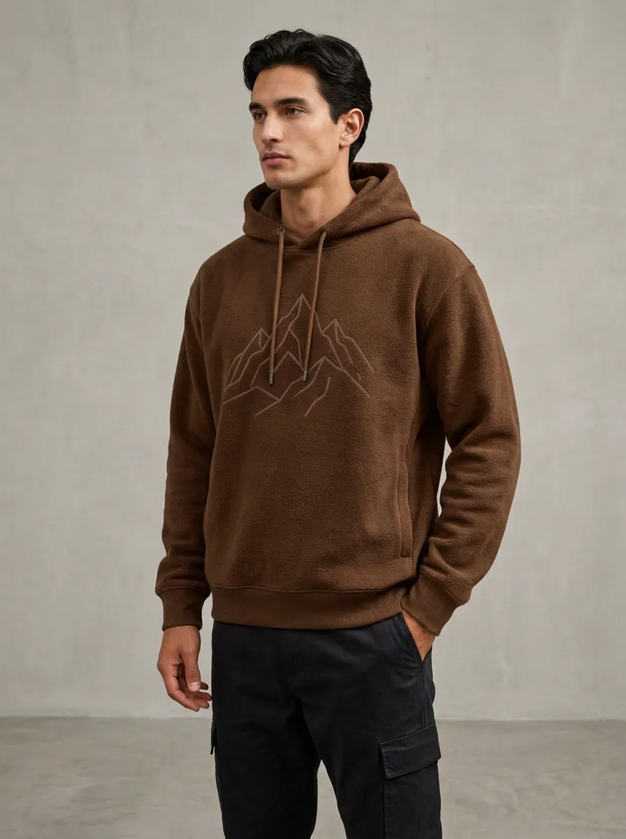 Men's Mountain Line Art Graphic Pullover Ribbed-Cuff Side-Pocket Fleece Hoodie