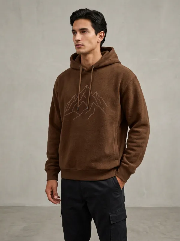 Men's Mountain Line Art Graphic Pullover Ribbed-Cuff Side-Pocket Fleece Hoodie