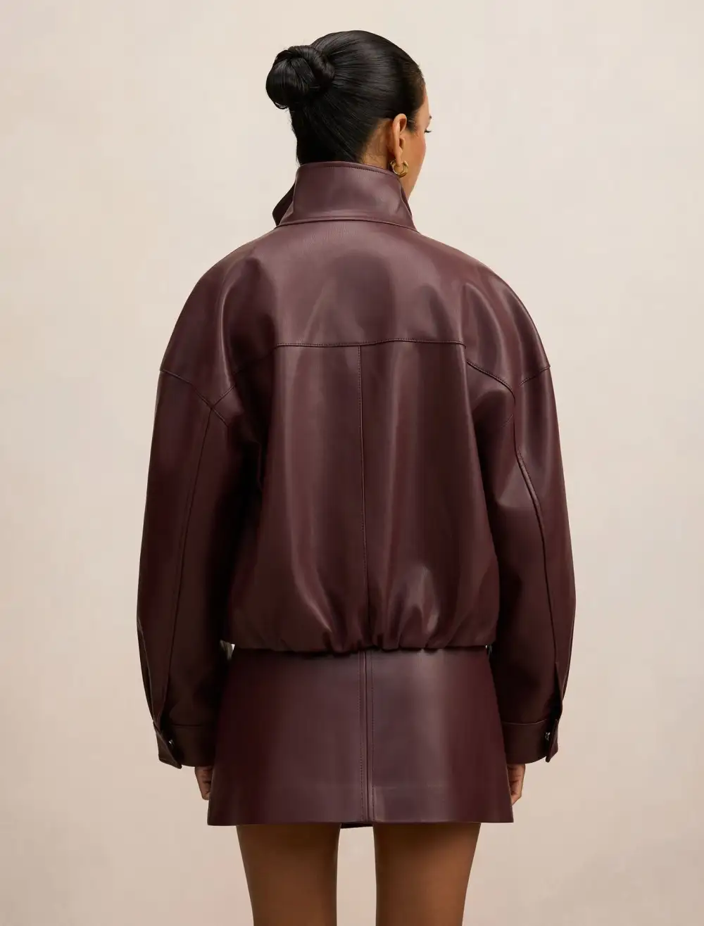 Burgundy Petite Funnel Neck Short Faux Leather Coat