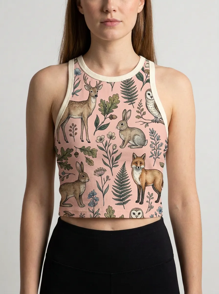 Women's Nature Woodland Animal Graphic Ribbed Crop Tank Top