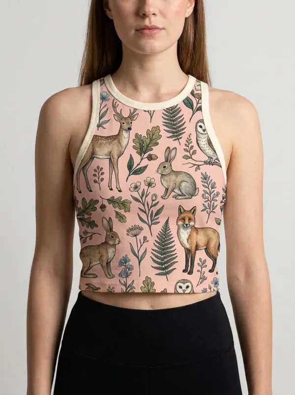 Women's Nature Woodland Animal Graphic Ribbed Crop Tank Top
