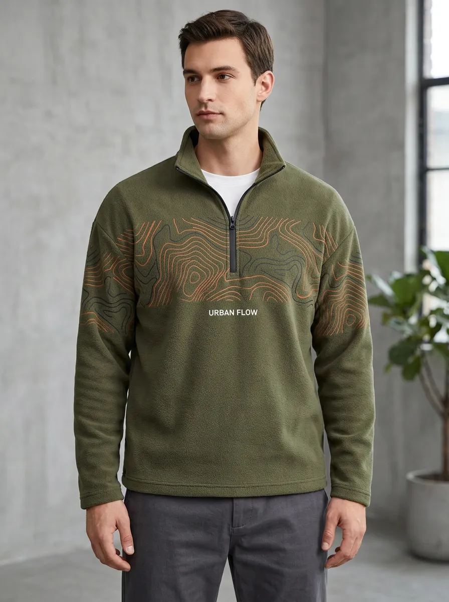Casual Half-Zip Fleece Topographic Men's Half-Zip Sweatshirt
