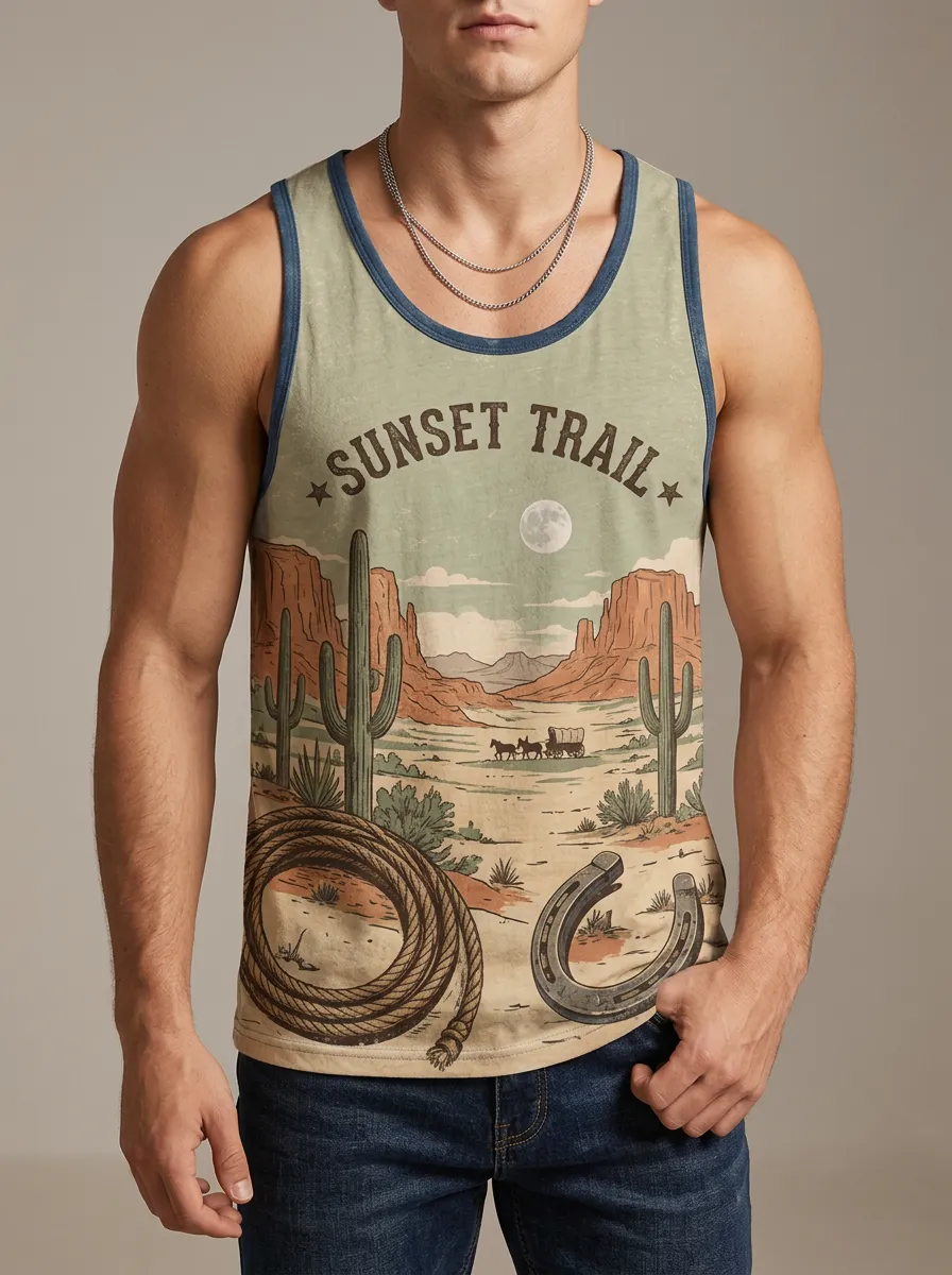 Men's Western Cowboy Sunset Trail Cactus Horseshoe Printed Tank Top
