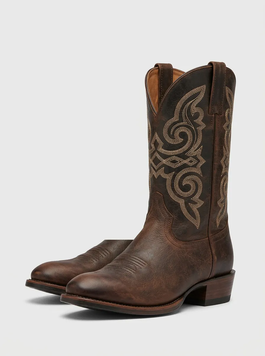 Men's Embroidered Distressed Outdoor Straight-Leg Western Boots